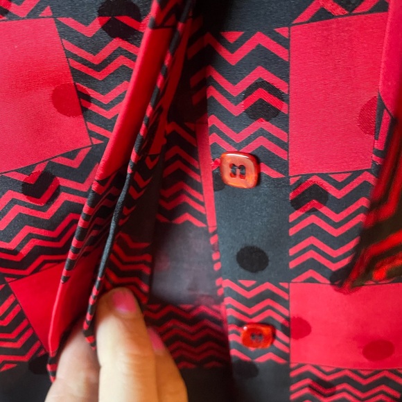 St. John Red Black Buffalo Plaid Polka Dot Tie Bow Button Up Blouse Women’s 12 J - Picture 5 of 7